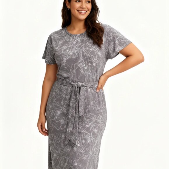 LuLaRoe Gray/Purple Printed Midi Dress — Short Sleeve Belted Style - Picture 2 of 6